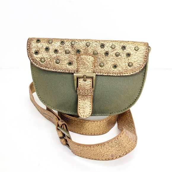 Heart moon star olive green with copper color block, canvas waist purse - Picture 1 of 13